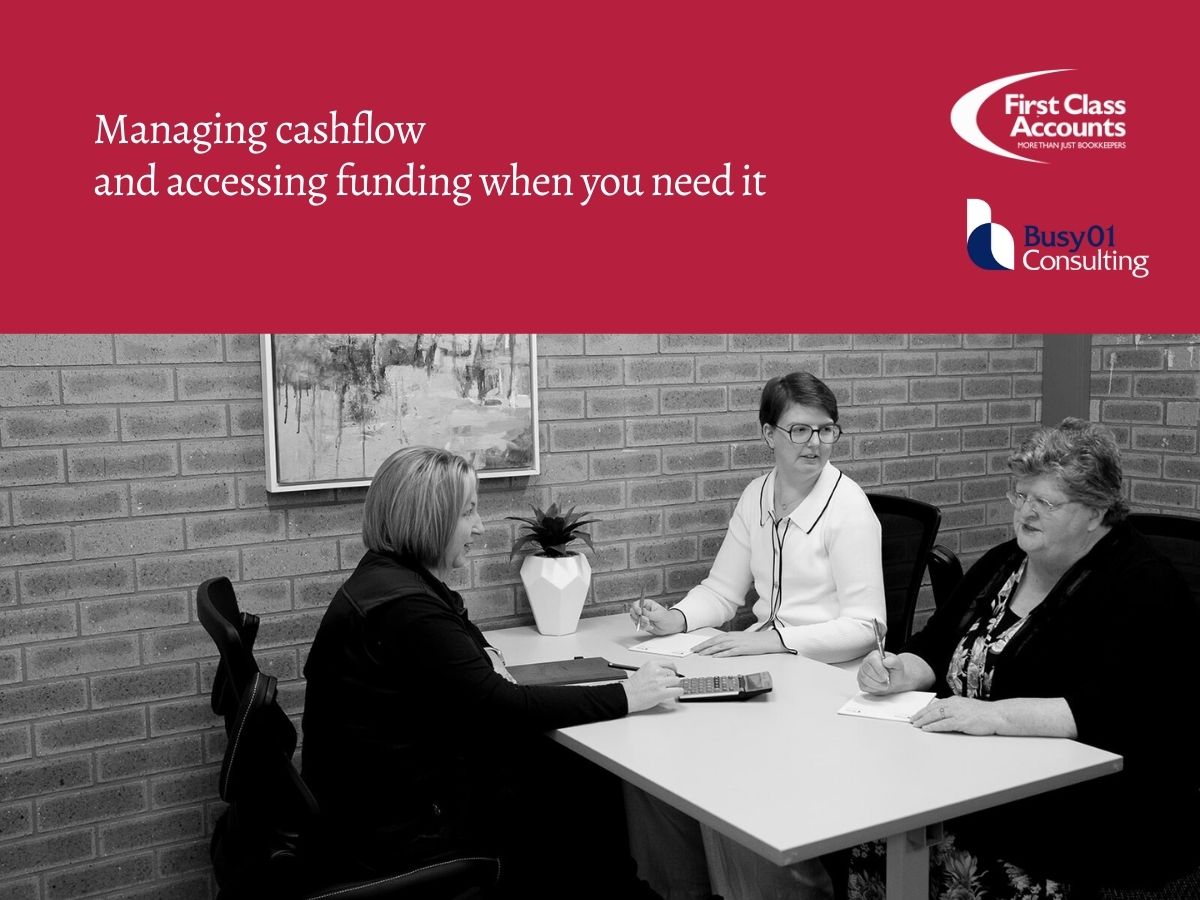 First Class Accounts Ovens & Murray team meeting with business owner to discuss cash flow management and funding options