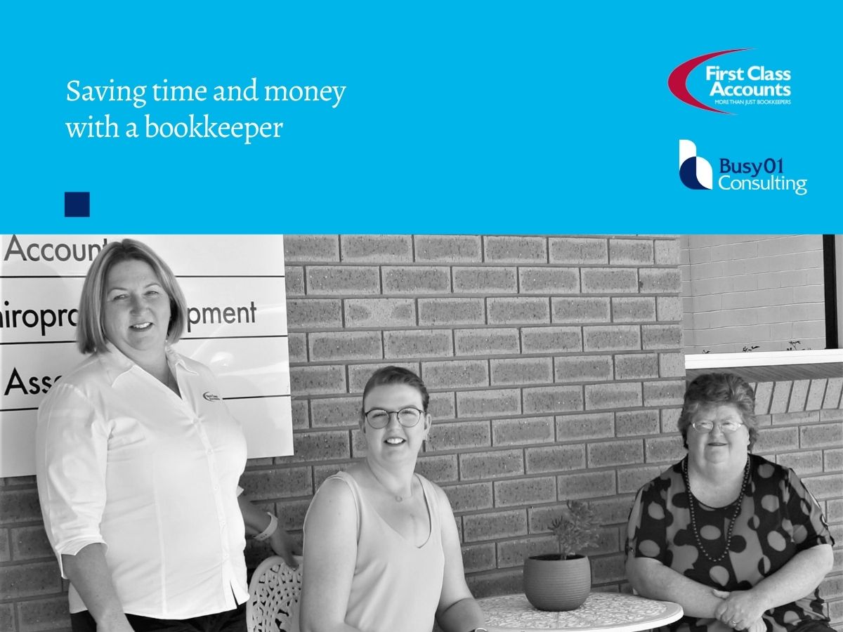 Three bookkeepers from First Class Accounts Ovens & Murray and Busy01 Consulting standing and sitting outside an office, representing professional bookkeeping services for small businesses.