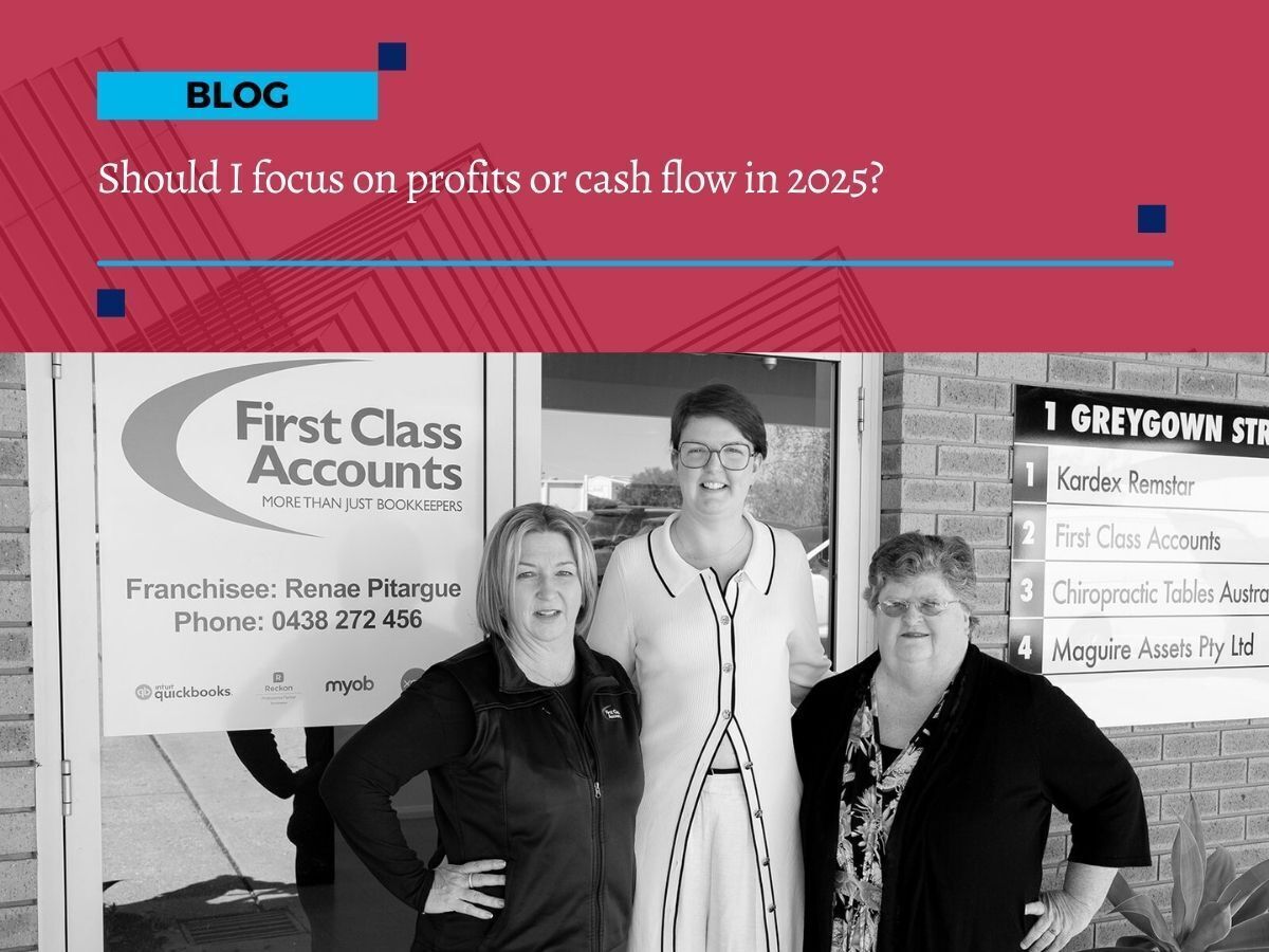 First Class Accounts Ovens & Murray team standing outside office with business sign, blog title overlay: Should I focus on profits or cash flow in 2025?