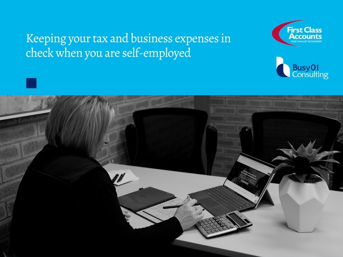 Branded First Class Accounts and Busy01 Consulting graphic showing Renae, owner of First Class Accounts Ovens & Murray, working at a desk with a laptop, calculator and financial paperwork.