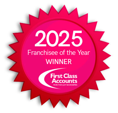Red circular badge with jagged edges displaying white text that reads “2025 Franchisee of the Year Winner.” Below the text is the First Class Accounts logo and tagline, “More than just bookkeepers.”