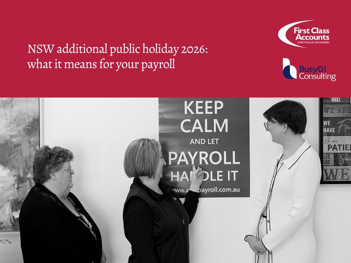 Anzac Day payroll NSW 2026 First Class Accounts Ovens & Murray team discussing public holiday payroll requirements