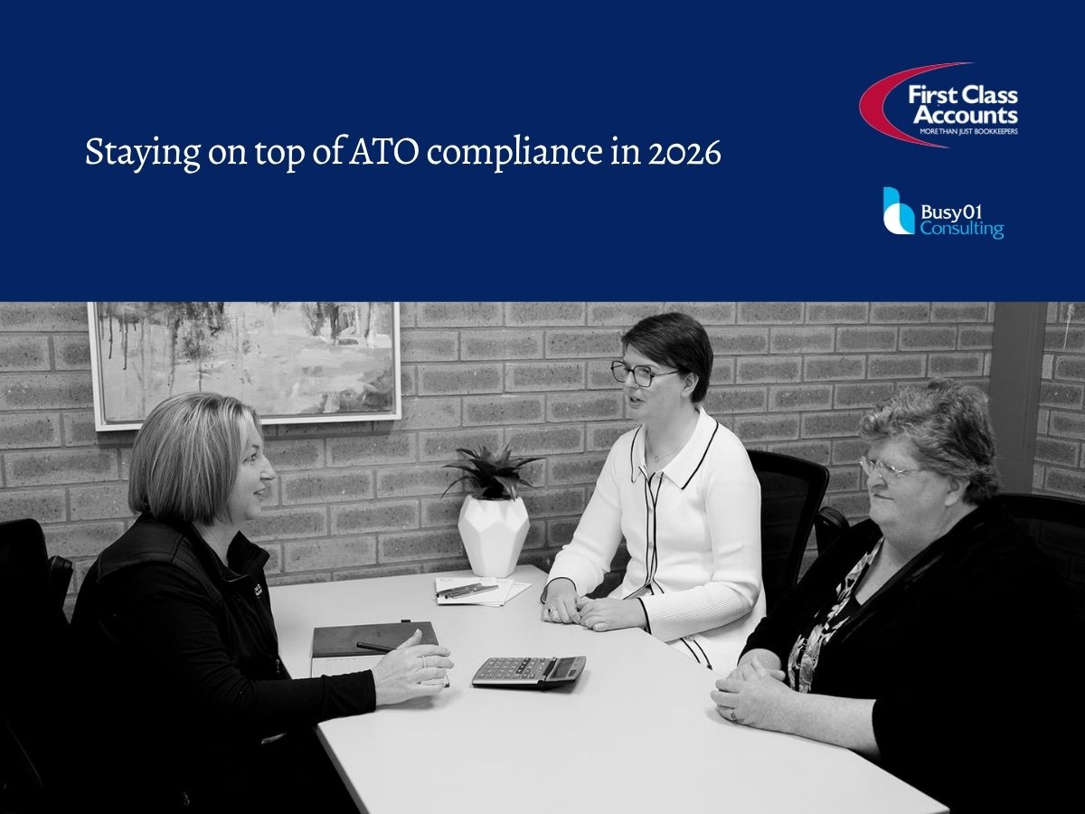 Business owners meeting with bookkeeper to discuss ATO compliance for small business Australia 2026 including tax, payroll and cash flow
