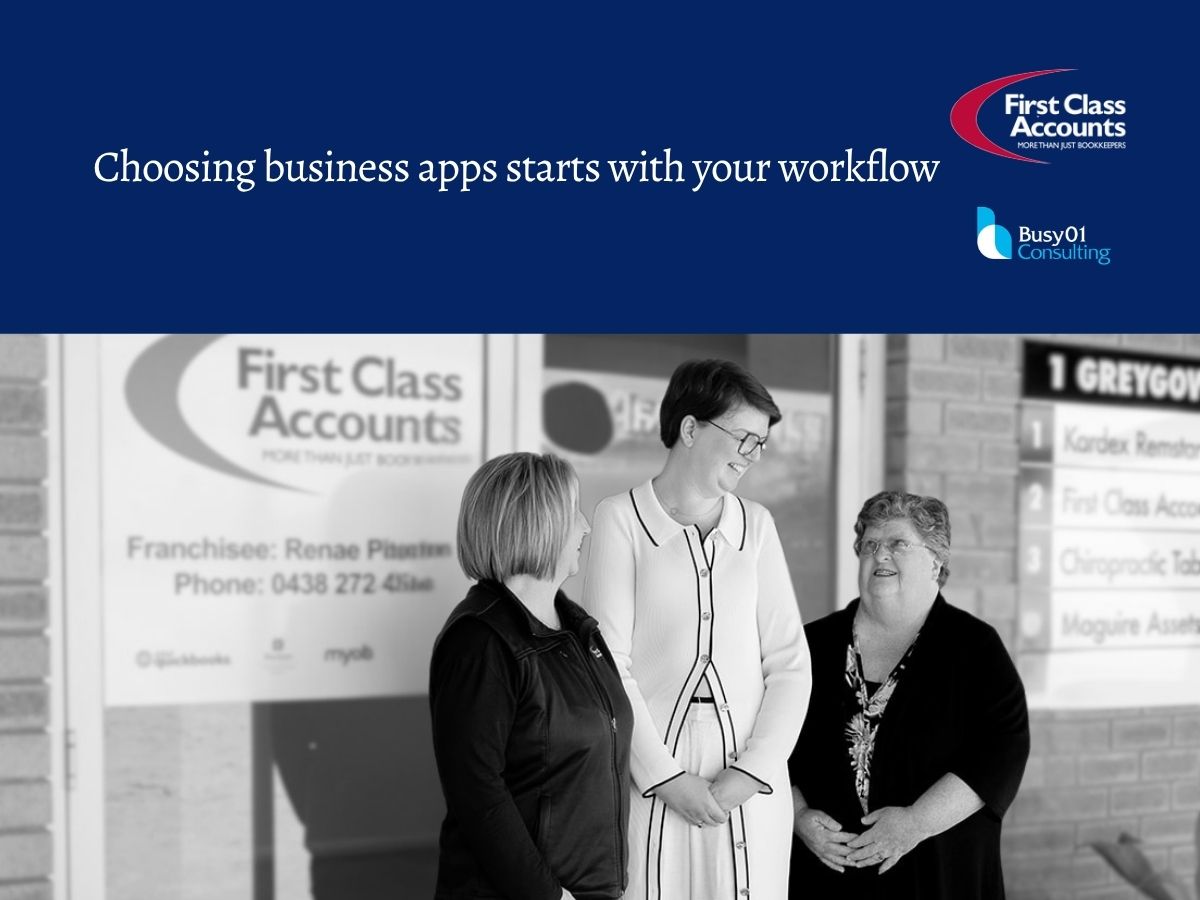 First Class Accounts Ovens & Murray team members standing together outside office with text “Choosing business apps starts with your workflow”