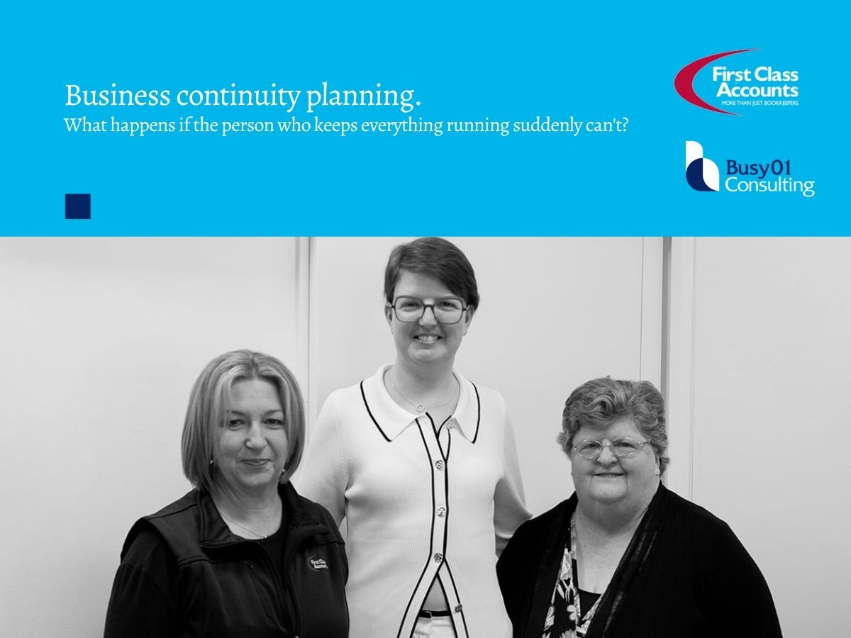 Three First Class Accounts Ovens & Murray team members standing together beneath a business continuity planning heading, highlighting succession planning, business continuity and operational preparedness for small businesses.